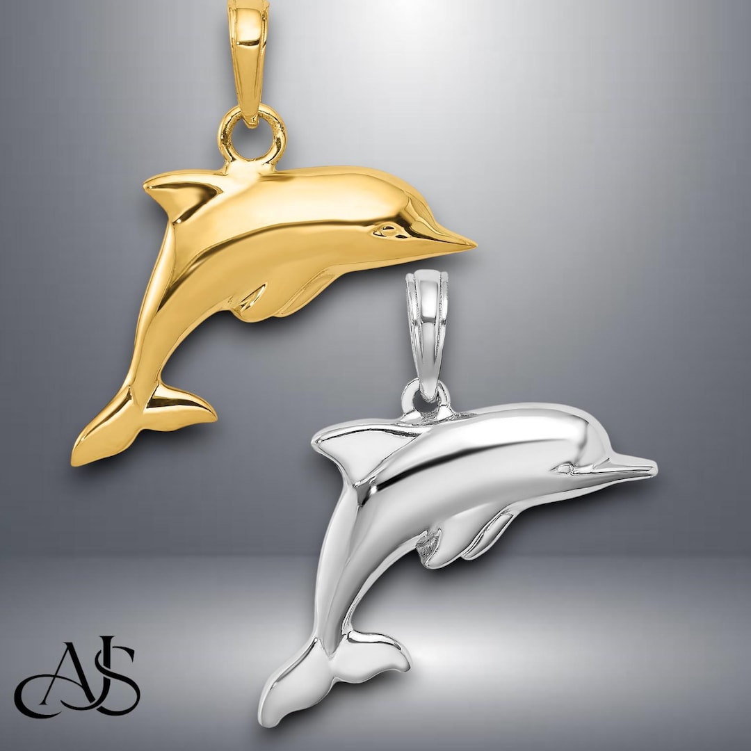 14K Yellow or White Gold 3-D Dolphin Pendant With Chain Options - Etsy