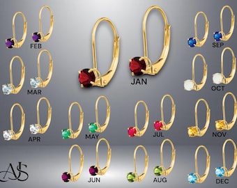 Birthstone Earrings Style in 14K Yellow or White Gold Leverback Mountings - Genuine 4mm Round Birthstones