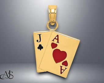 14K Gold Enamel Playing Cards Charm: Jack of Clubs, Ace of Hearts