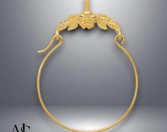 14K Yellow Gold Floral Charm Holder Pendant with Necklace Chain Options