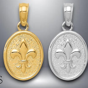 14K Yellow Gold or White Gold Polished Fleur De Lis Oval Pendant with Necklace Chain Options