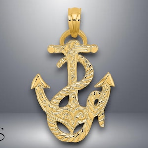 14K Yellow Gold Polished Anchor and Rope Charm with Necklace Chain Options