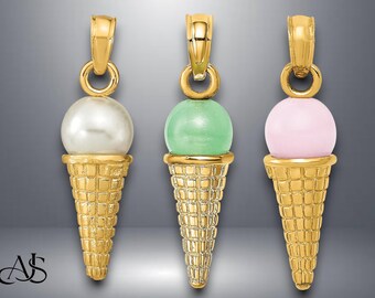 14K Gold Ice Cream Cone Pendant: Pink Quartz, White Bead, or Green Bead