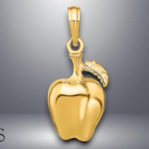 14K Yellow Gold 3-D Apple W/ Stem and Leaf Charm with Necklace Chain Options