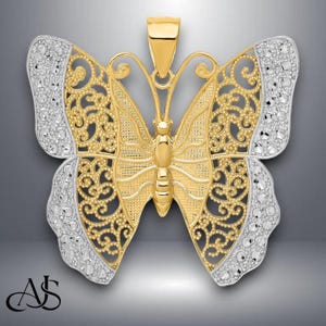 14K Yellow Gold Diamond-cut Filigree Large Butterfly Pendant with Necklace Chain Options