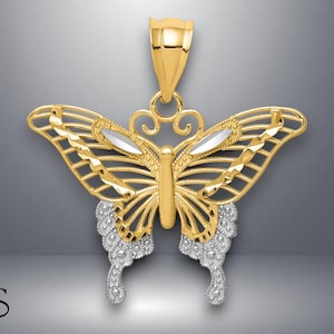 14K Yellow Gold and White Rhodium Diamond-cut Butterfly Pendant with Necklace Chain Options