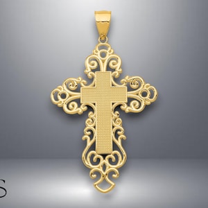 14K Yellow Gold Fancy Filigree Border Cross Pendant with Necklace Chain Options