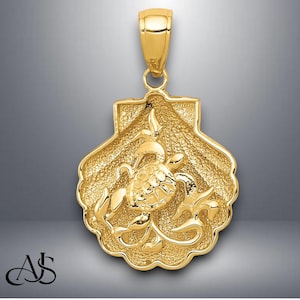 14K Yellow Gold Sea Turtle and Seashore in a Shell Pendant with Necklace Chain Options