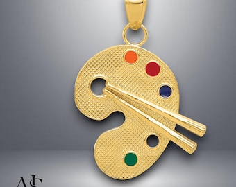 14 kt geelgouden geëmailleerde kunstenaarspalethanger met ketting kettingopties