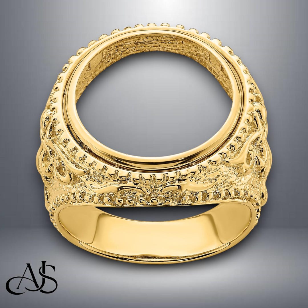 14K Gold Men's Coin Ring: Textured Filigree Design for 1/10th Oz Eagle ...
