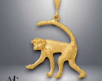 14K Gelbgold Monkey Anhänger Charm mit Kettenhalskette Optionen