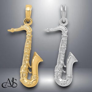 14K Yellow Gold or White Gold Solid 3-D Saxophone Pendant Charm with Necklace Chain Options