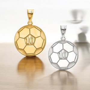 Personalized Soccer Ball Pendant Necklace in Gold or Silver with Name and Player Number