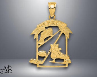 14K Yellow Gold Ice Hockey Story Framed Pendant Charm with Necklace Chain Options