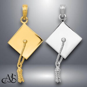 14K Yellow Gold or White Gold Solid 3-D Graduation Cap Pendant with Necklace Chain Options