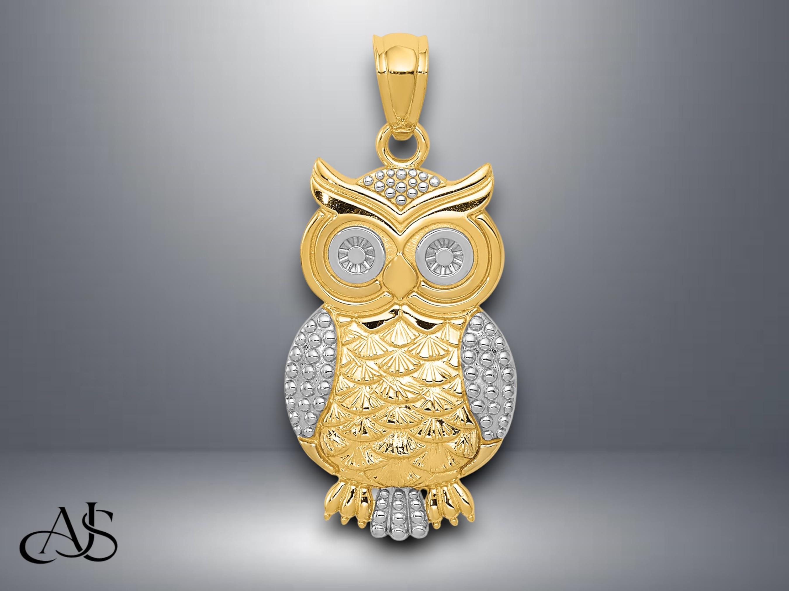 14K Yellow Gold with Rhodium Textured Owl Pendant with Necklace Chain Options