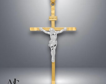Colgante crucifijo de oro de dos tonos de 14 quilates con opciones de cadena para collar