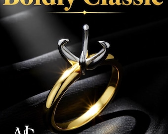 May include: A gold and silver solitaire ring mounting. The ring has a gold band and a silver setting designed to hold a single gemstone. The image includes the text "Boldly Classic" and "Solitaire Ring Mountings".