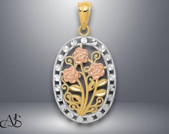 14K Tri-Color Gold Rose Pendant Necklace