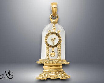 14K Gold Emaille Uhr Charm in Glaskuppel - Beweglicher 3D Anhänger