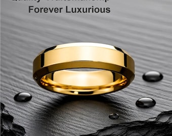 May include: A gold-colored ring with a flat top and beveled edges is centered in the image. The ring is set against a dark, textured background with the text "Quality Craftsmanship Forever Luxurious" at the top.