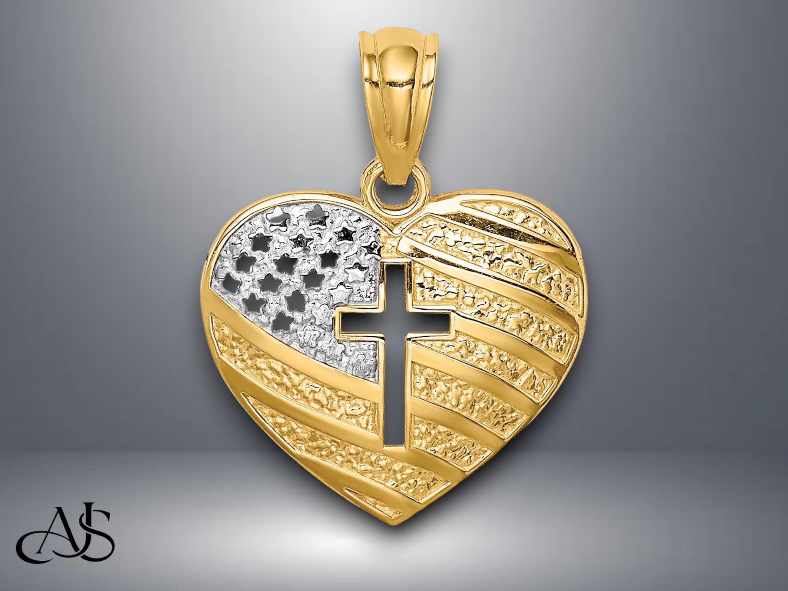 14K Yellow Gold US Flag With Cross Heart Pendant With  display picture 1
