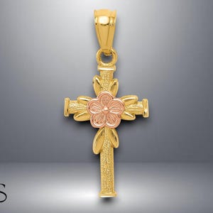 14K Two-Tone Gold Diamond-cut Cross with Flower Floral Center Pendant with Necklace Chain Options