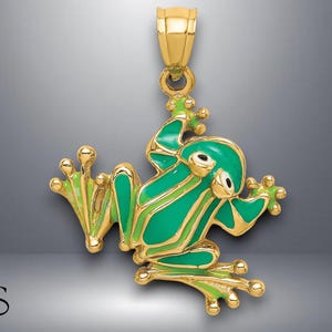 14K Yellow Gold Green Enameled 2-D Frog Charm with Necklace Chain Options