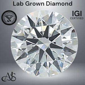 May include: A clear, round, lab-grown diamond with a star-shaped pattern. The diamond is certified by the International Gemological Institute (IGI).