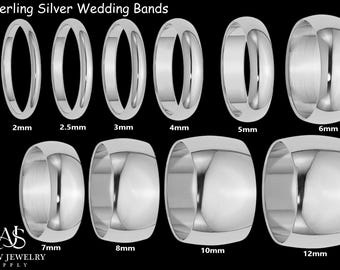 Solid Sterling Silver Wedding Bands Half Round Style - 2mm 3mm 4mm 5mm 6mm 7mm 8mm 9mm 10mm 12mm Widths