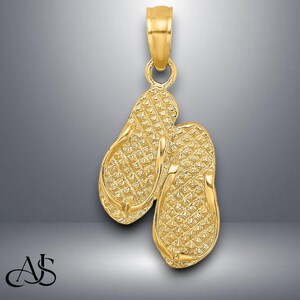 14K Yellow Gold 3D MYRTLE BEACH Flip-Flops Charm with Necklace Chain Options