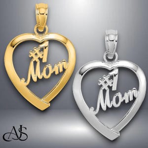 14K Yellow Gold or White Gold #1 MOM in Heart Pendant Charm with Necklace Chain Options