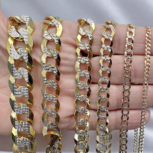 May include: Five gold chains with different link styles and sizes. Some chains have a diamond-like finish.