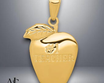14K Yellow Gold #1 TEACHER Apple Pendant with Necklace Chain Options