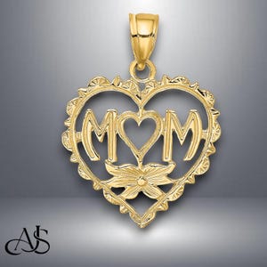 14K Yellow Gold MOM in Heart Pendant Charm with Necklace Chain Options