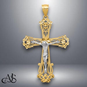 14K Two-tone Gold Diamond-cut Crucifix Pendant with Necklace Chain Options