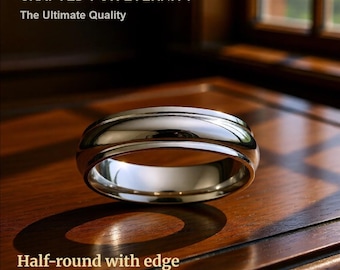 14K White Gold Wedding Band Half Round with Edge, Comfort Fit
