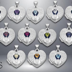 May include: Twelve silver heart-shaped lockets with different colored gemstones. Each locket has an intricate design and a small heart-shaped opening in the center.