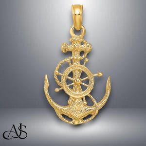 14K Yellow Gold Small Anchor and Ships Wheel Pendant with Necklace Chain Options