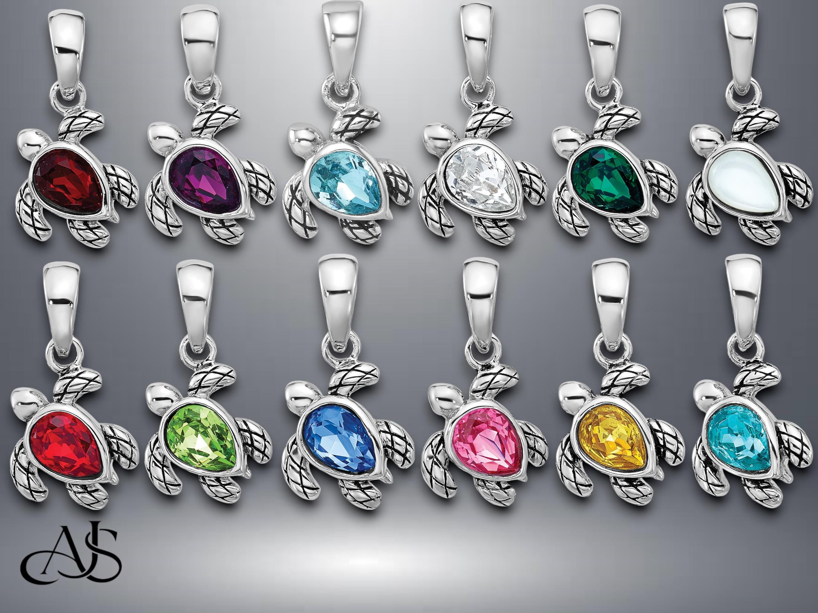Sterling Silver Sea Turtle Birthstone Pendant Charm