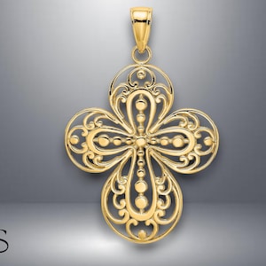 14K Yellow Gold Cut-Out w/ Rounded Tips Filigree Cross Charm with Necklace Chain Options