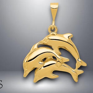 14K Yellow Gold 3 Dolphin Pod Pendant Charm with Necklace Chain Options