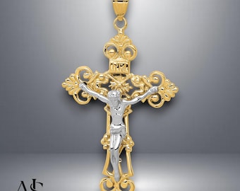 Opciones de collar con colgante de crucifijo con flor de lis INRI de dos tonos de 14 quilates y cadena