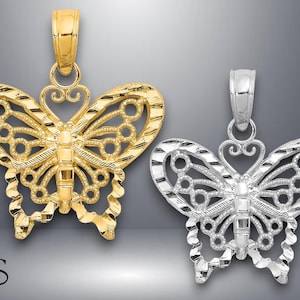 14K Yellow Gold or White Gold Diamond-cut Butterfly Pendant with Necklace Chain Options