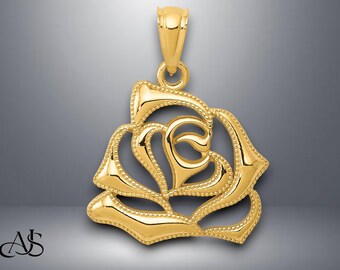 14K Yellow Gold Polished Open Outline Rose Pendant with Necklace Chain Options