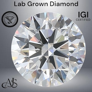May include: A clear, round, lab-grown diamond with a brilliant cut. The diamond is certified by the International Gemological Institute (IGI).