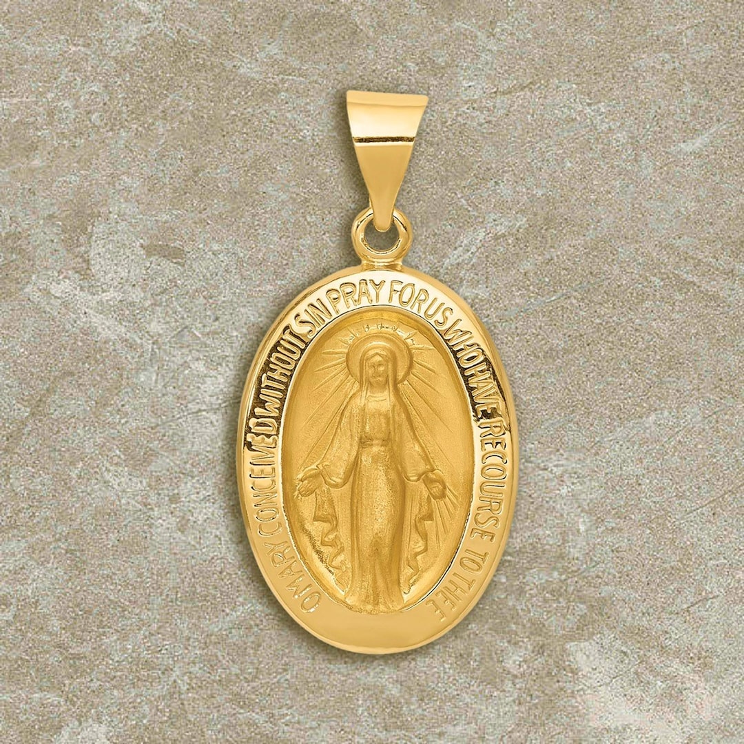 14K Yellow Gold Miraculous Medal Pendant Oval - With Chain Necklace ...