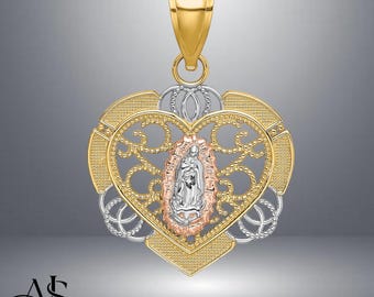 Halsband med Guadalupe-hänge i hjärta i 14 karat tvåfärgat guld och kedja, alternativ