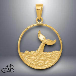 14K Yellow Gold Whale Tail in Circle with Waves Pendant with Chain Options