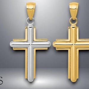 14K Yellow Gold or Two Tone Gold Beveled Edge Cross Pendant with Necklace Chain Options